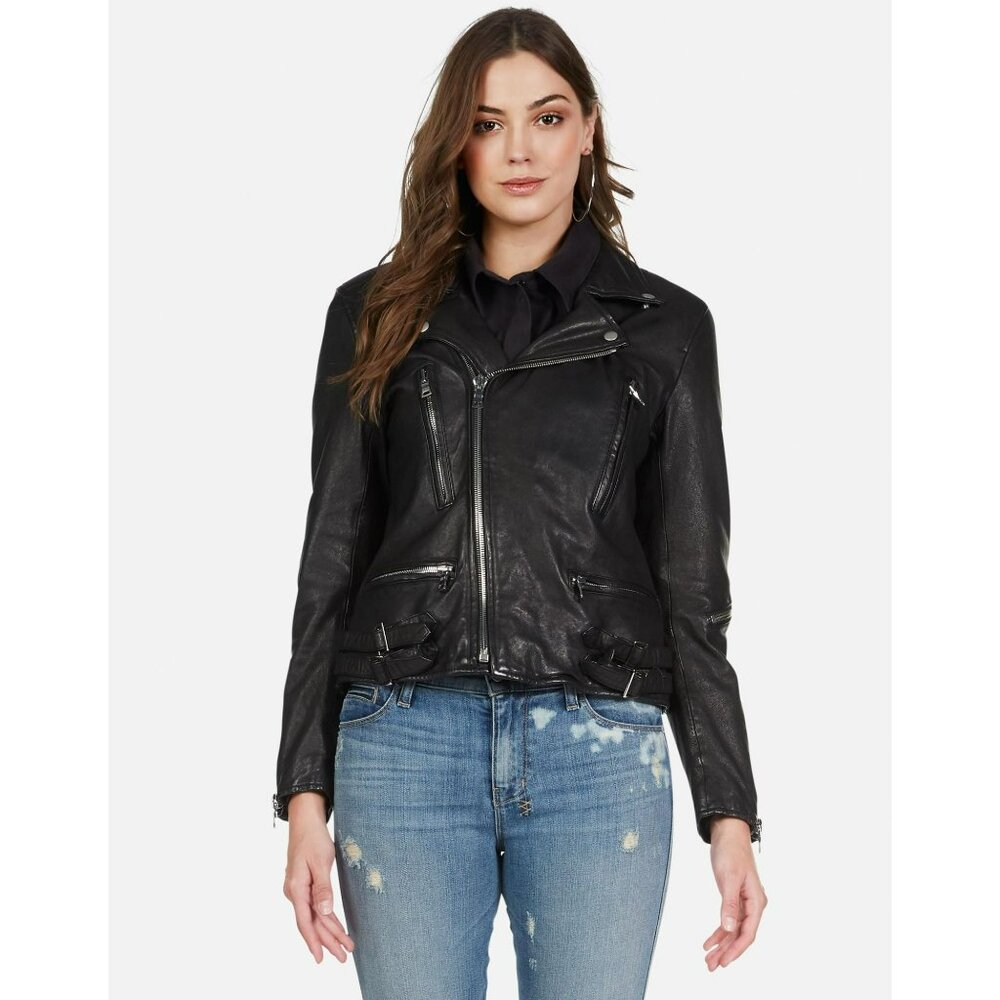 Y-4. Lauren Moshi Posey Gold Chain Lip Leather Jacket Black Small - Picture 2 of 5